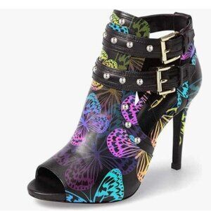 XYD Women's Black Ankle Booties with Multicolor Butterfly Print
